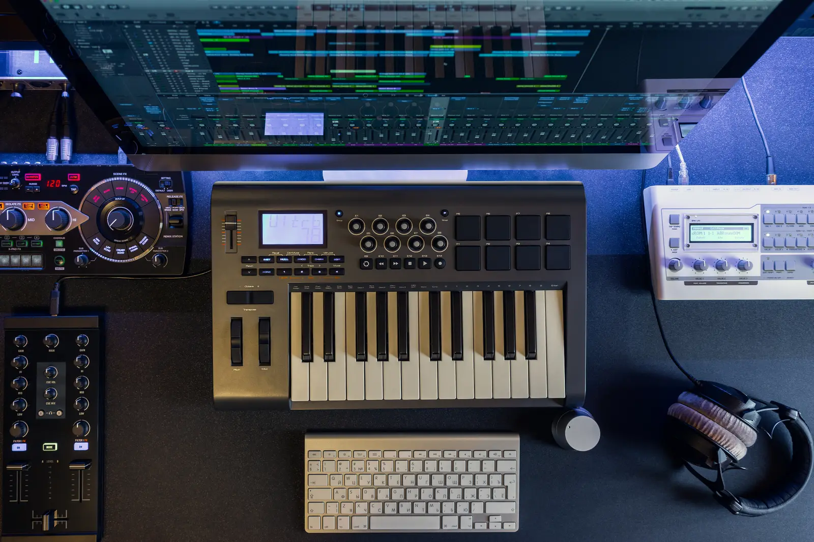 Electronic production desk with keyboard and control interface