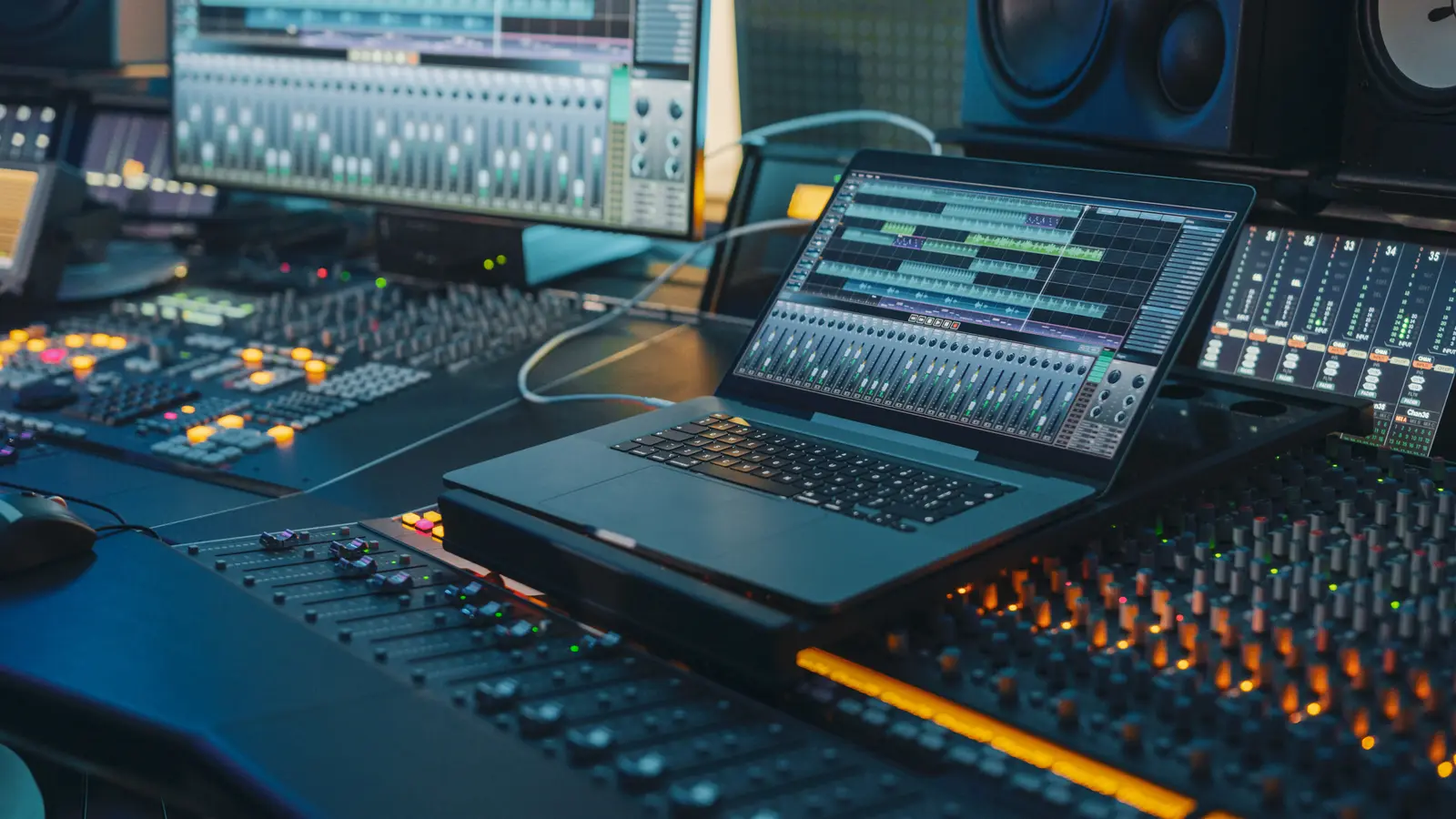 Mixing console and laptop in a modern studio control desk